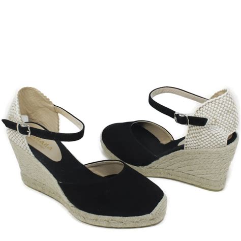 Sandali espadrillas in pelle con zeppa in Nero 